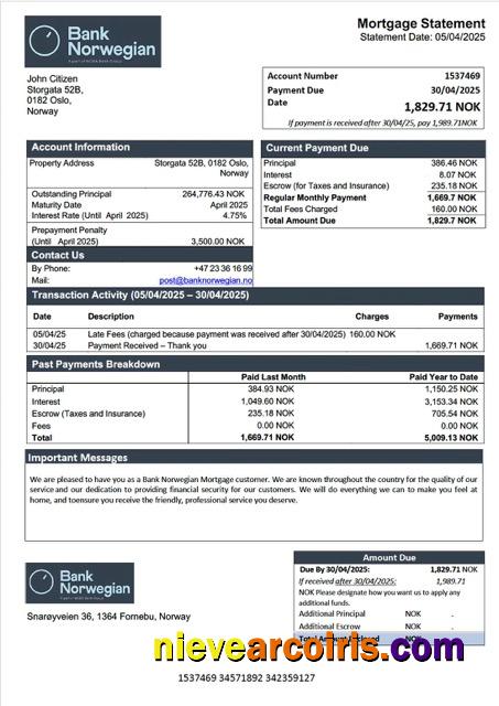 Norway Bank Norwegian mortgage statement Word and PDF template